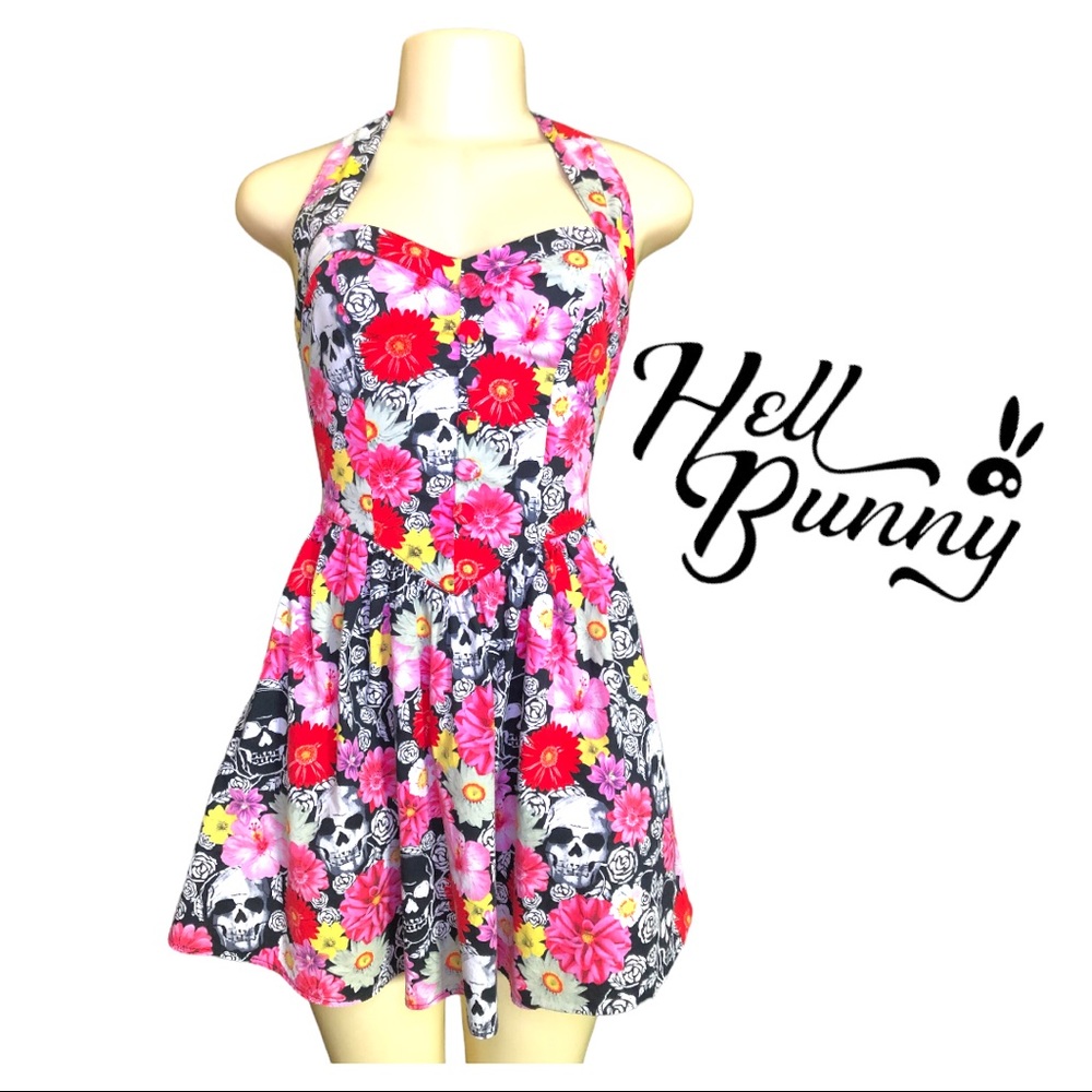 Hell Bunny Floral & Skull design Retro Cut Halter Pocketed Mini Dress Size XS